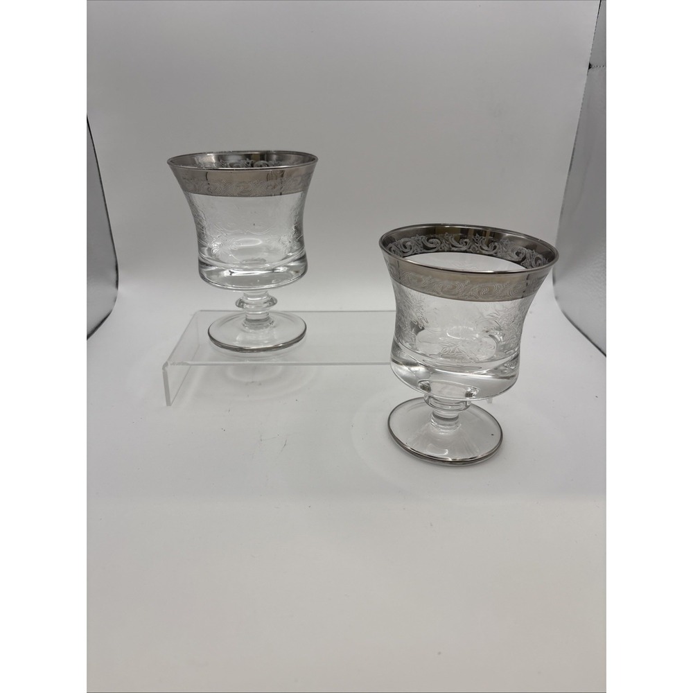 Vtg~Crystal Murano Medici Flared Etched Wine Glass with Platinum Edge~Set of 2